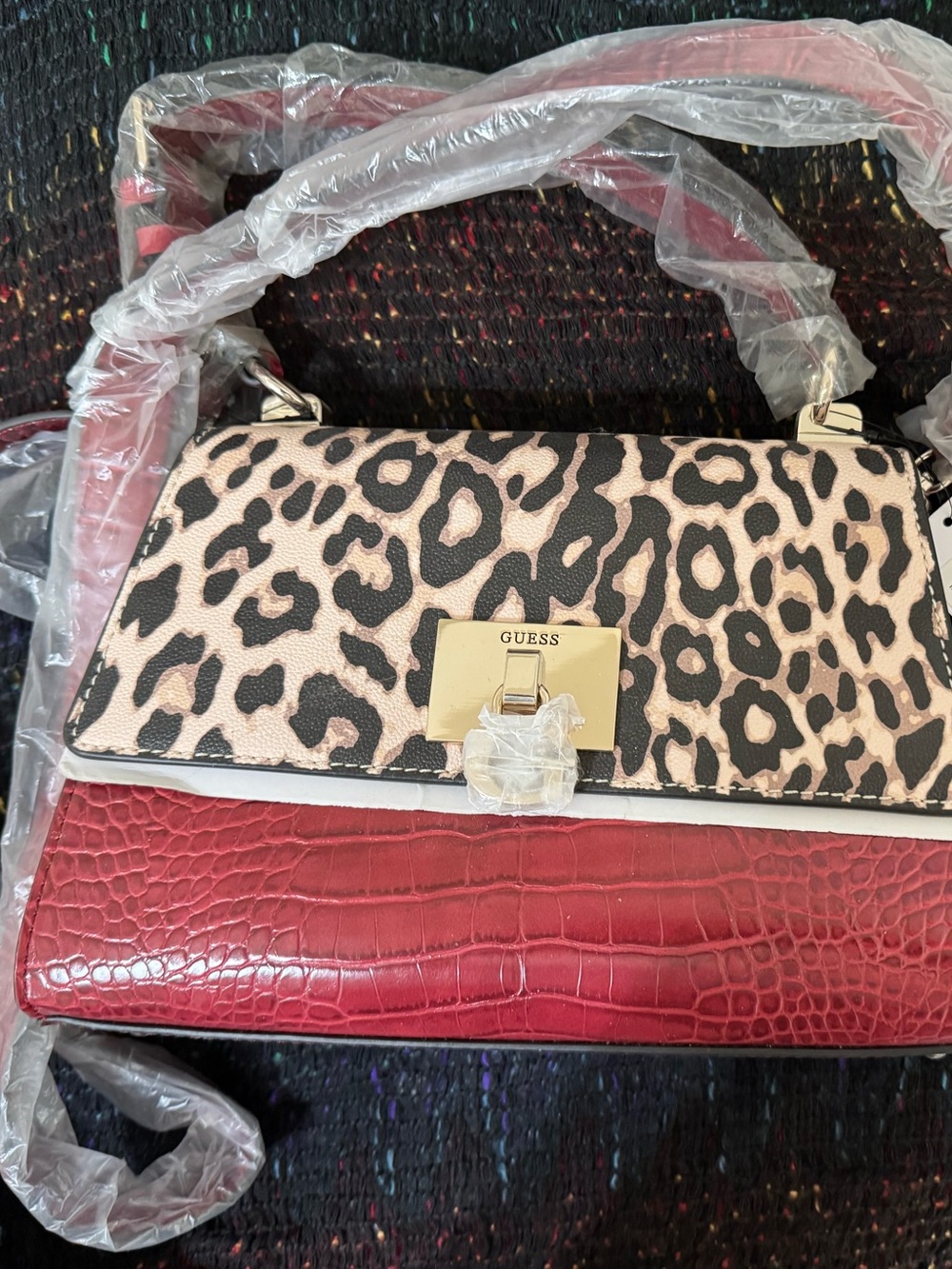 GUESS Red Croco-Embossed Shoulder Bag with Leopard Print Flap
